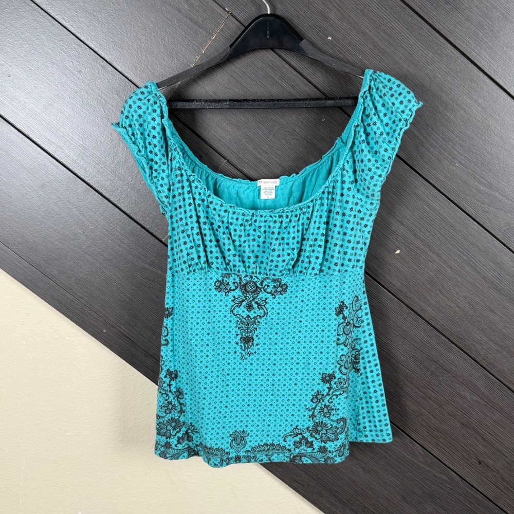 Maurices Women's Large Turquoise Black Floral Babydoll Top Y2K Boho Peasant